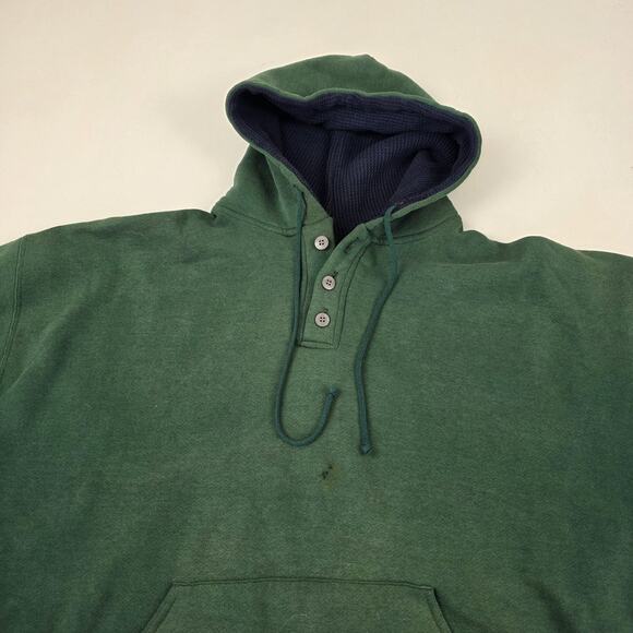 VINTAGE Russell Athletic Hoodie Mens 2XL Green Henley Thermal Lined Made USA 90s - Picture 3 of 12